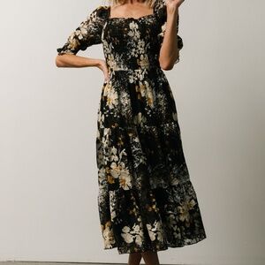 Baltic Born Black Floral Midi Dress with Cream & Mustard Accents